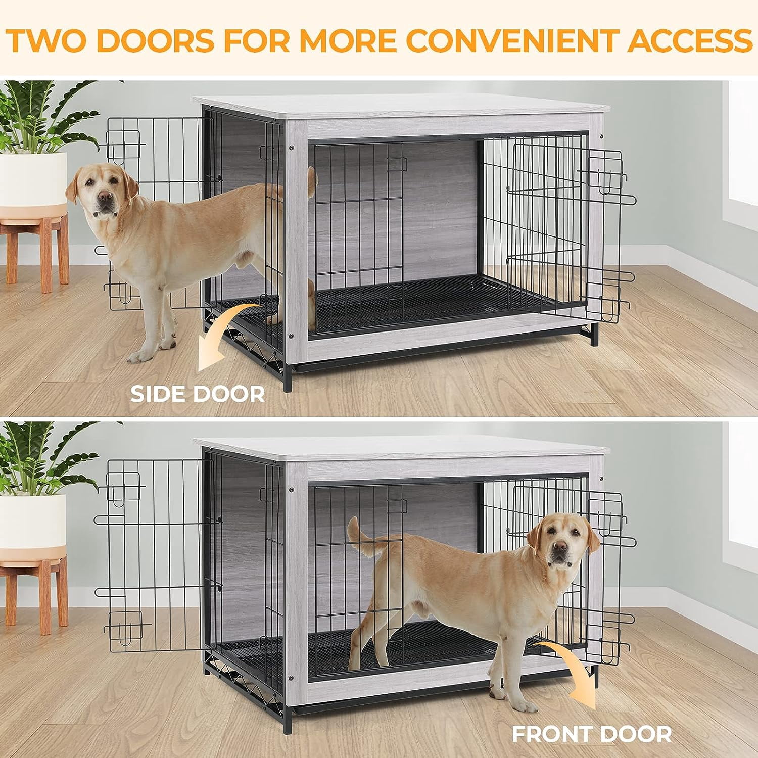 LAZY BUDDY Dog Crate Furniture, Large Dog Kennel Wooden Pet Furniture with Pull-Out Tray, Double Doors, 44.1 "L x 29.5 "W x 32.3 "H (Gray)