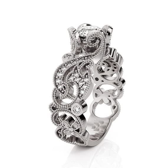 HeartsAndYou 2ct Round Cut Moissanite Engagement Ring for Women 18k White Gold over Silver Leaf Filigree Flower