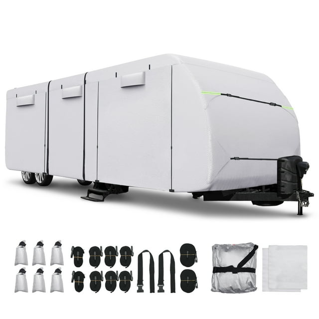 Unique Bargains Cubierta impermeable para remolque de RV, se adapta a 18'-20' con cuerdas extra resistentes al viento y cubiertas para canalones, tono plateado