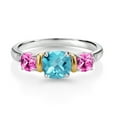 thumbnail image 2 of Gem Stone King 1.83 Ct Cushion Checkerboard Swiss Blue Topaz Pink Created Sapphire 925 Silver and 10K Yellow Gold Diamond 3-Stone Ring (Size 6), 2 of 3