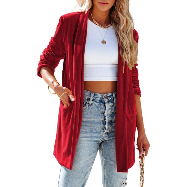 Chaqueta de terciopelo informal para mujer Abrigo elegante de salón de moda informal Kuymtek Rojo T XXL para Mujer