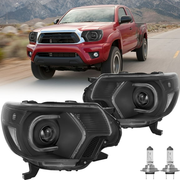 W/Bulbs For 2012 2013 2014 2015 Toyota Tacoma LED DRL Black Headlights Lamps Set