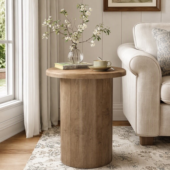 Fnova 20" Round Side Table with Fluted Base, Farmhouse Small End Table Nightstand for Small Space, Brown