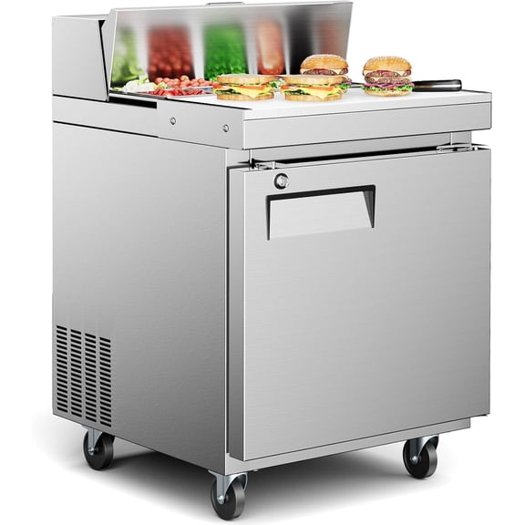 XUTUMM ETL & NSF Certified 27" Commercial Sandwich Prep Refrigerator - 11.6 Cu.Ft. Stainless Steel Salad/Pizza Prep Table with Cutting Board & 8 Pans