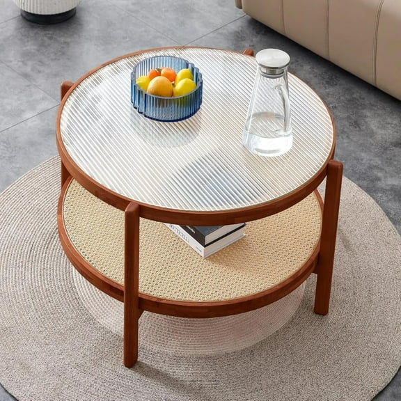 SUDICA Modern Minimalist Round Coffee Table, Double-Layer Solid Wood Frame with Textured Glass Top and PE Rattan Shelf for Living Room