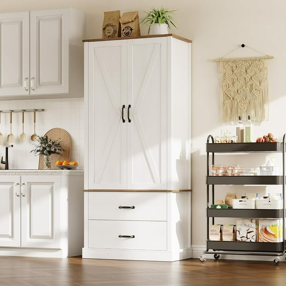 Senfot Farmhouse Kitchen Pantry Cabinet,Wood Kitchen Cabinet with Drawers,Barn Door and Adjustable Shelf,Versatile Storage for Living Room,Dining Room,Bathroom and Office, White