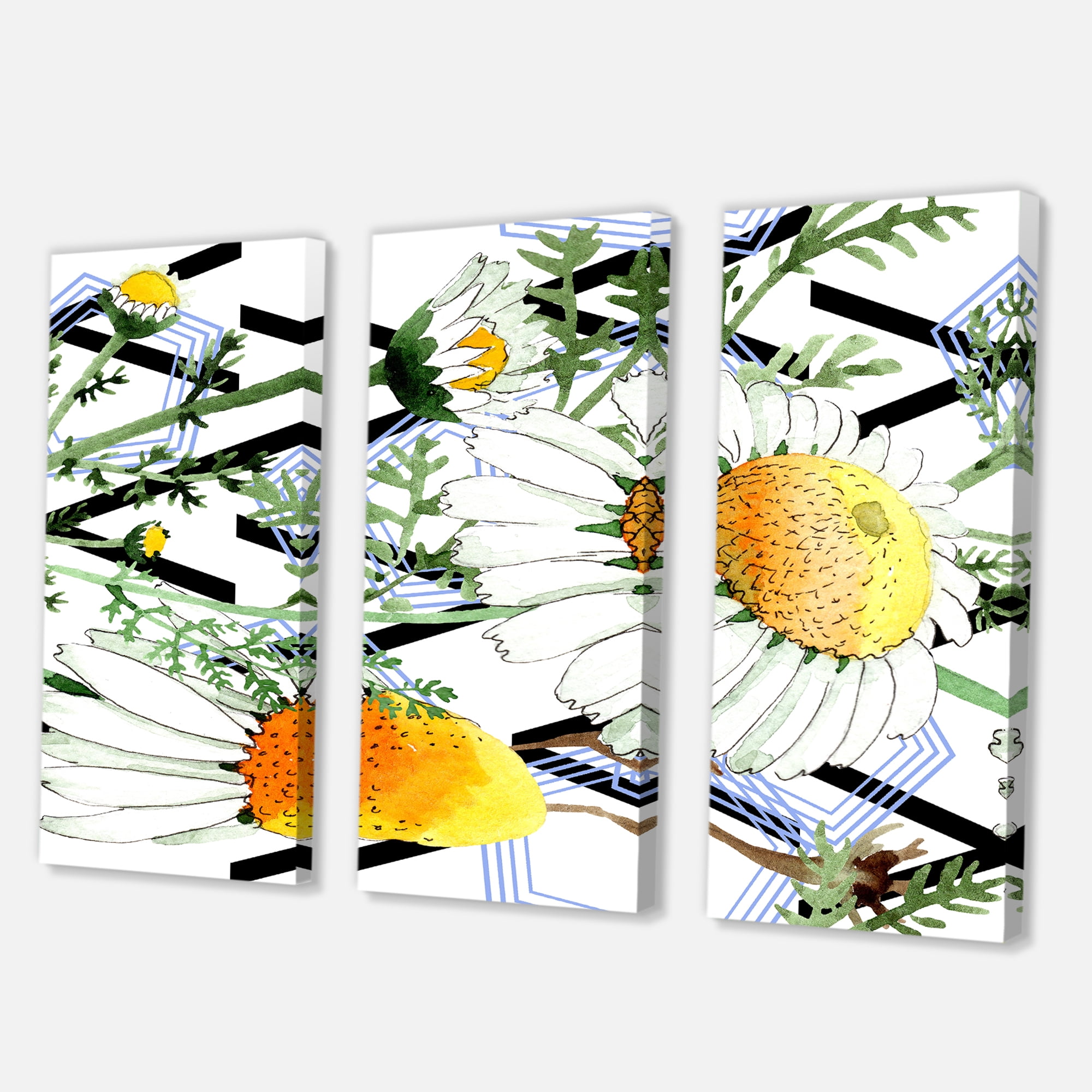 Wild Spring Chamomile Flowers On Geometric Lines 28 in x 36 in Painting Canvas Art Print, by Designart