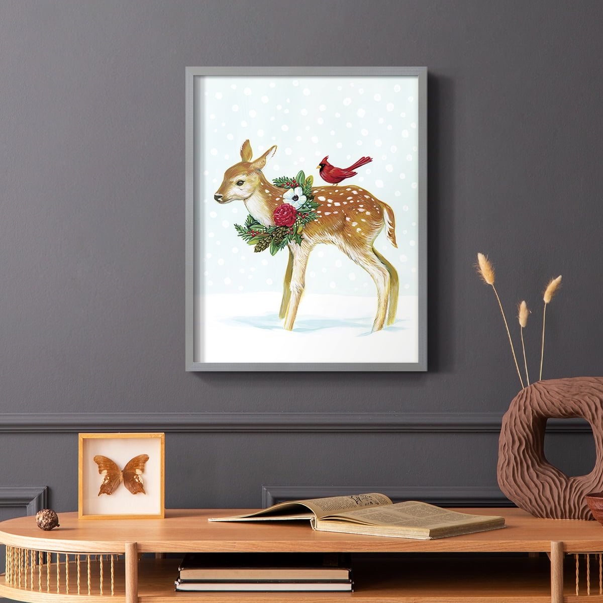 Winter Woodland Creatures with Cardinals II Framed Print - Solid Wood in Single Picture Frame Solid Wood 2 Framed Print