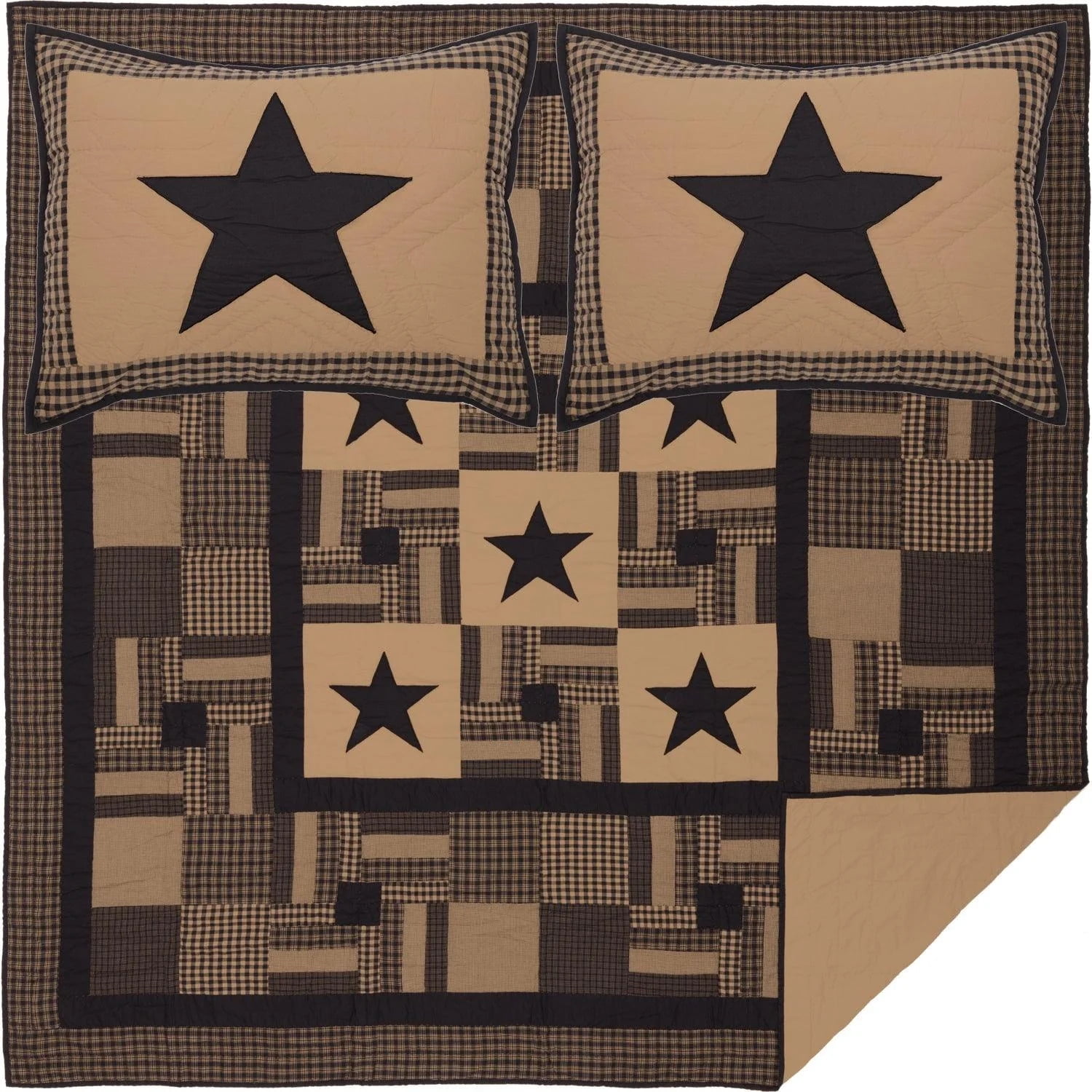VHC Brands, Black Check Star, Cotton, 90Wx90L x 21x27, Queen Quilt w/ 2 Shams Set, Black