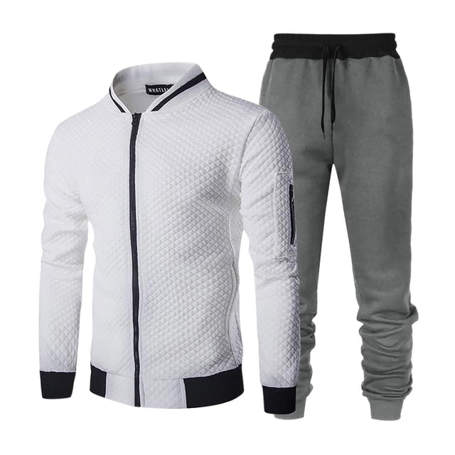 Men's Casual Business Trend Two Piece Set Color Blocked Baseball Jacket with Dark Gray Sweatpants Loose Fit Comfortable Outfit