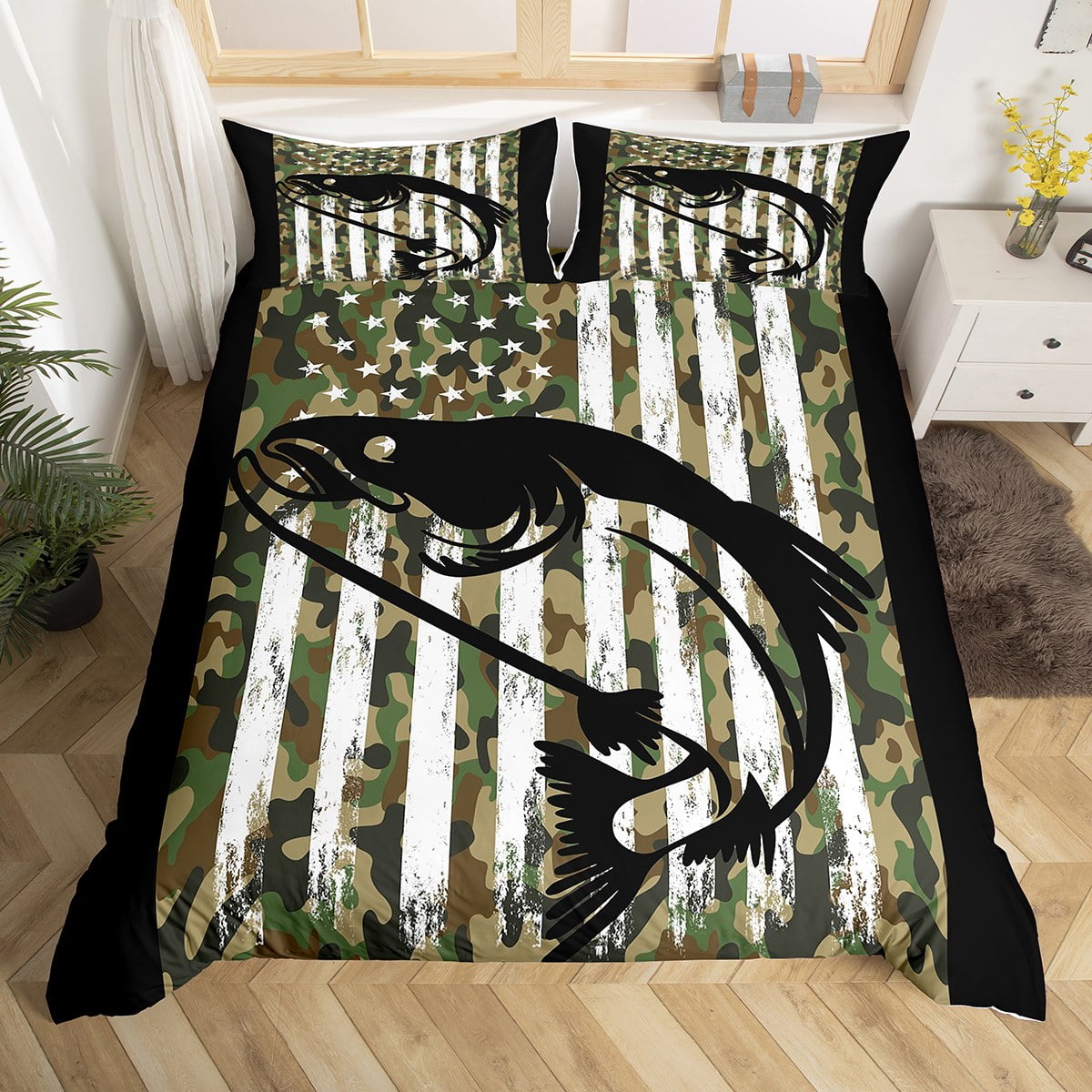 Big Bass Fish Duvet Cover King Rustic Farmhouse Bedding Set, Ocean Sea Animal Comforter Cover