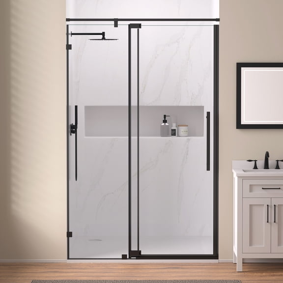KPUY  50" - 54" x 74" Semi-Frameless Pivot Swing Shower Door with 1/4" Tempered Clear Glass, Explosion-Proof Film Nano Coating, Stainless Steel Hardware, Magnetic Door, Matte Black