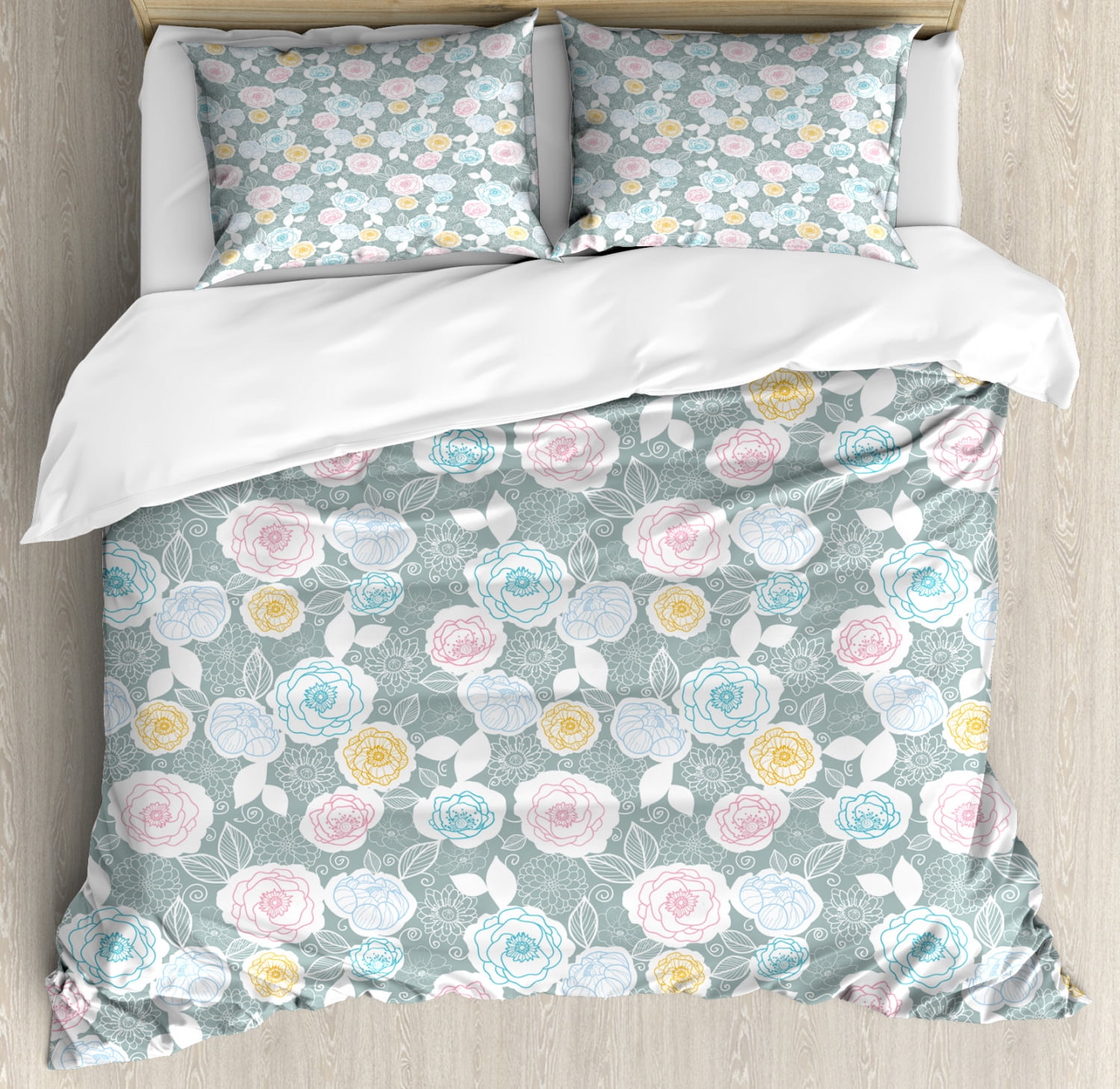 Pastel Duvet Cover Set, Ornate Hand Drawn Flourish Pattern Floral