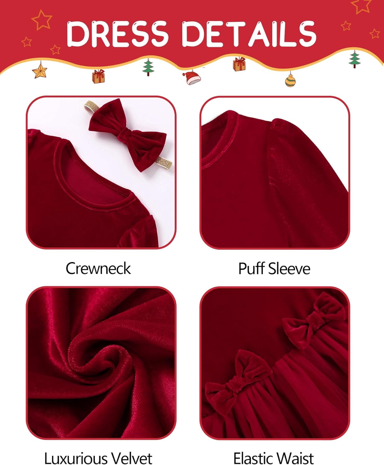 SANMIO Baby Girl Christmas Dress Infant Long Sleeve Holiday Outfit Fall Winter Tulle Velvet Dresses with Headband 3M-3T