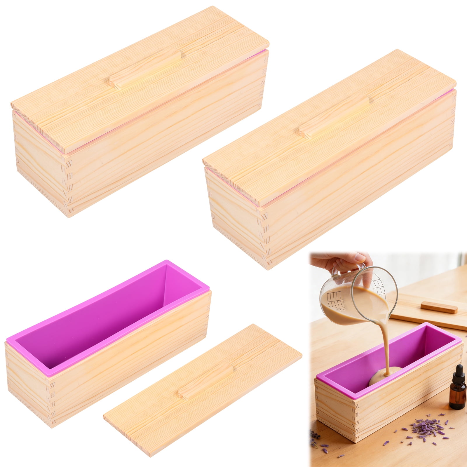 NUAHRHY 2Pcs Soap Loaf Mold, 40.58oz Rectangular Soap Mould Silicone Loaf Soap Moulds with Wooden Box Tray Soap Making Supplies Easy Release for Homemade Craft DIY Tool