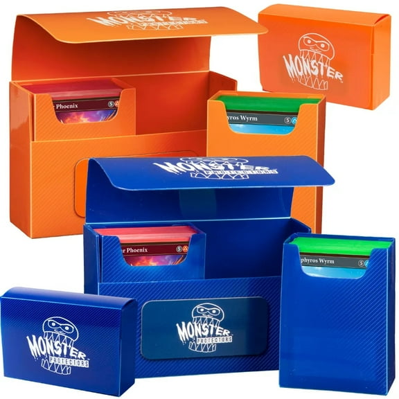 Monster Protectors Magnetic Double Deck Box 2 Pk - Blue & Orange with 2 Removable Deck Sleeves, Holds 150 Gaming TCGs, Compatible w Major Gaming Trading Cards, Durable Construction