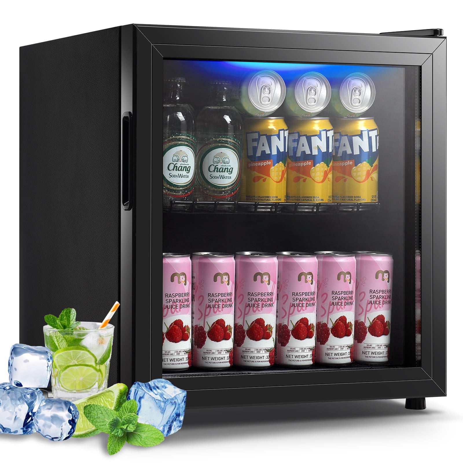 WANAI 1.7 Cu. ft Mini Fridge Beverage Cooler, 60 Cans Drink Fridge Black Glass Door for Beer Soda