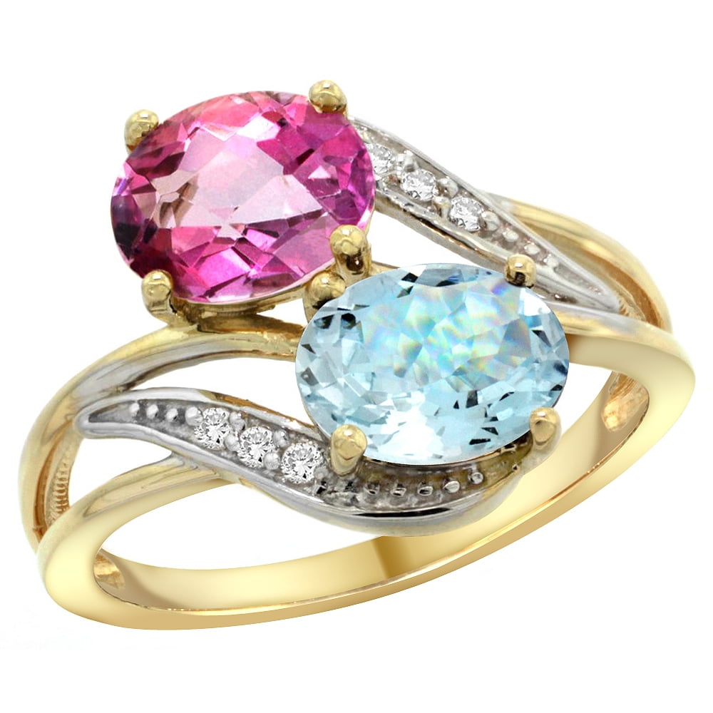 14K Yellow Gold Diamond Natural Pink Topaz & Aquamarine 2-stone Ring Oval 8x6mm, sizes 5 10 by WorldJewels