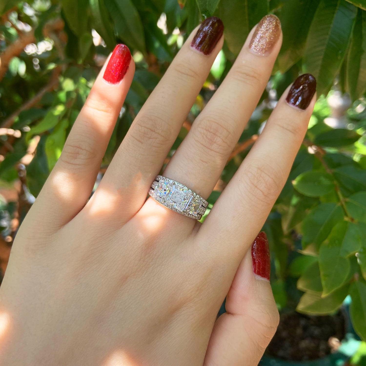 SHELOVES 1.9 Carat Three-Stone Princess Cut AAAAA CZ Wedding Rings for Women Engagement Ring Sets 925 Sterling Silver Size 7