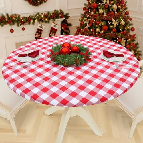 Round Picnic Tablecloth, Elastic Waterproof Fitted Vinyl Tablecloths for 18"-24" Tables, Flannel Backed Buffalo Plaid Table Cover for Dining, Camping, Outdoor, Christmas, White and Red