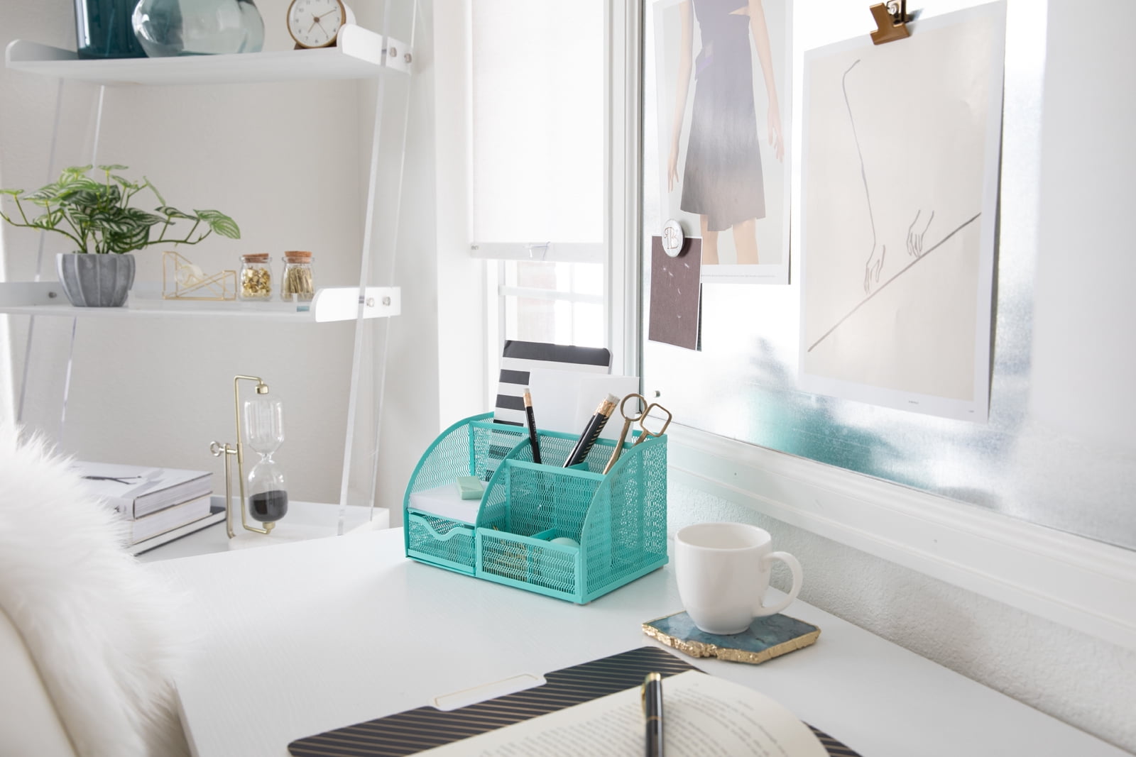 Blu Monaco Unique Metal Aqua Desk Organizer with Drawer