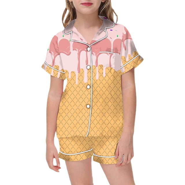Hiiyo Girls Pajamas Ice-Cream Print Short Sleeve Button Shirt Shorts Sleepwear Set
