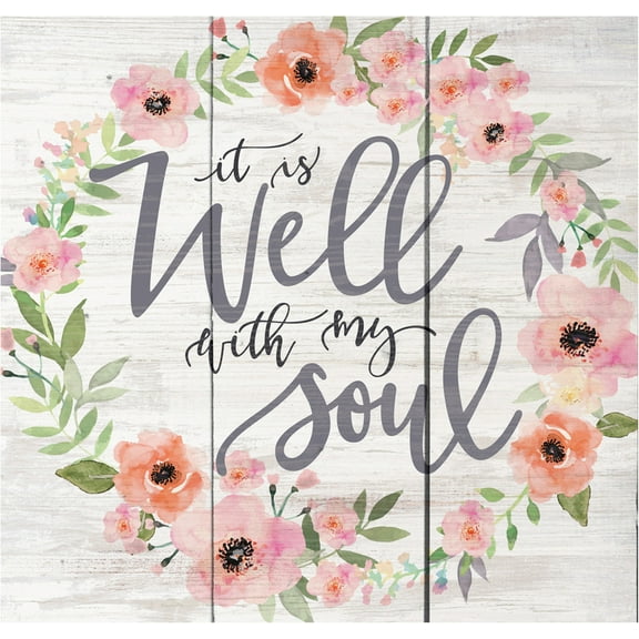 Well With My Soul Floral Wreath Whitewash 10.5 x 10 Wood Pallet Wall Plaque Sign