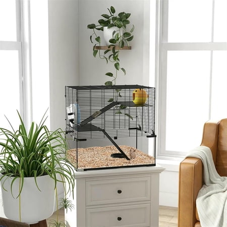 Demi Bonn 23.5" Hamster Cage, Gerbil Cage with Glass Basin for Small Hamsters, 3 Levels Small Animal Habitats, Black