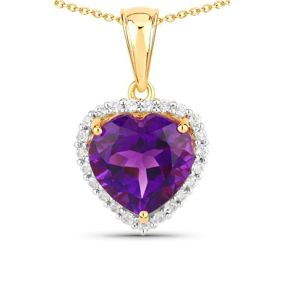 Fine Color Jewels Genuine White Topaz and Amethyst Heart Necklace in .925 Sterling Silver with 18k Yellow Gold Plating 4.76 Carat February Birthstone Purple Heart Necklace For Women
