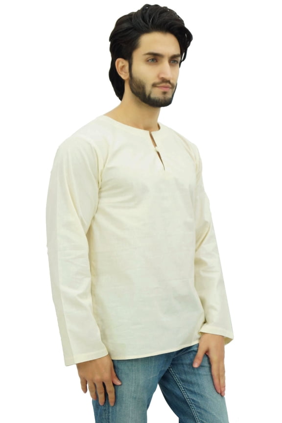 Men's Off White Short Kurta Round Keyhole Neck Cotton Shirt-Large