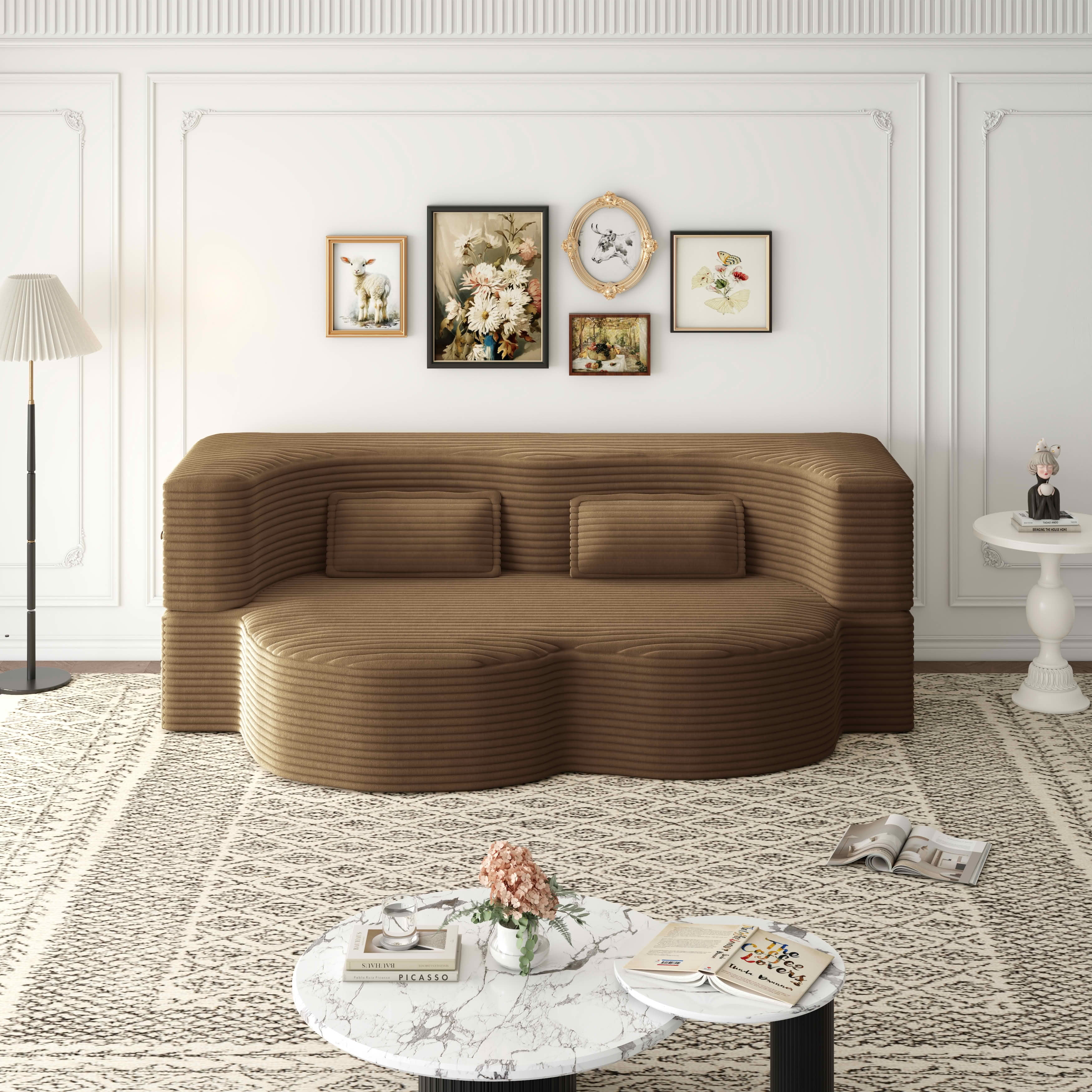 MAYEERTY Vacuum Compressed Corduroy Foldable Foam Sofa Bed, Full Size Zero Assembly Floor Sleeper with 2 Pillows