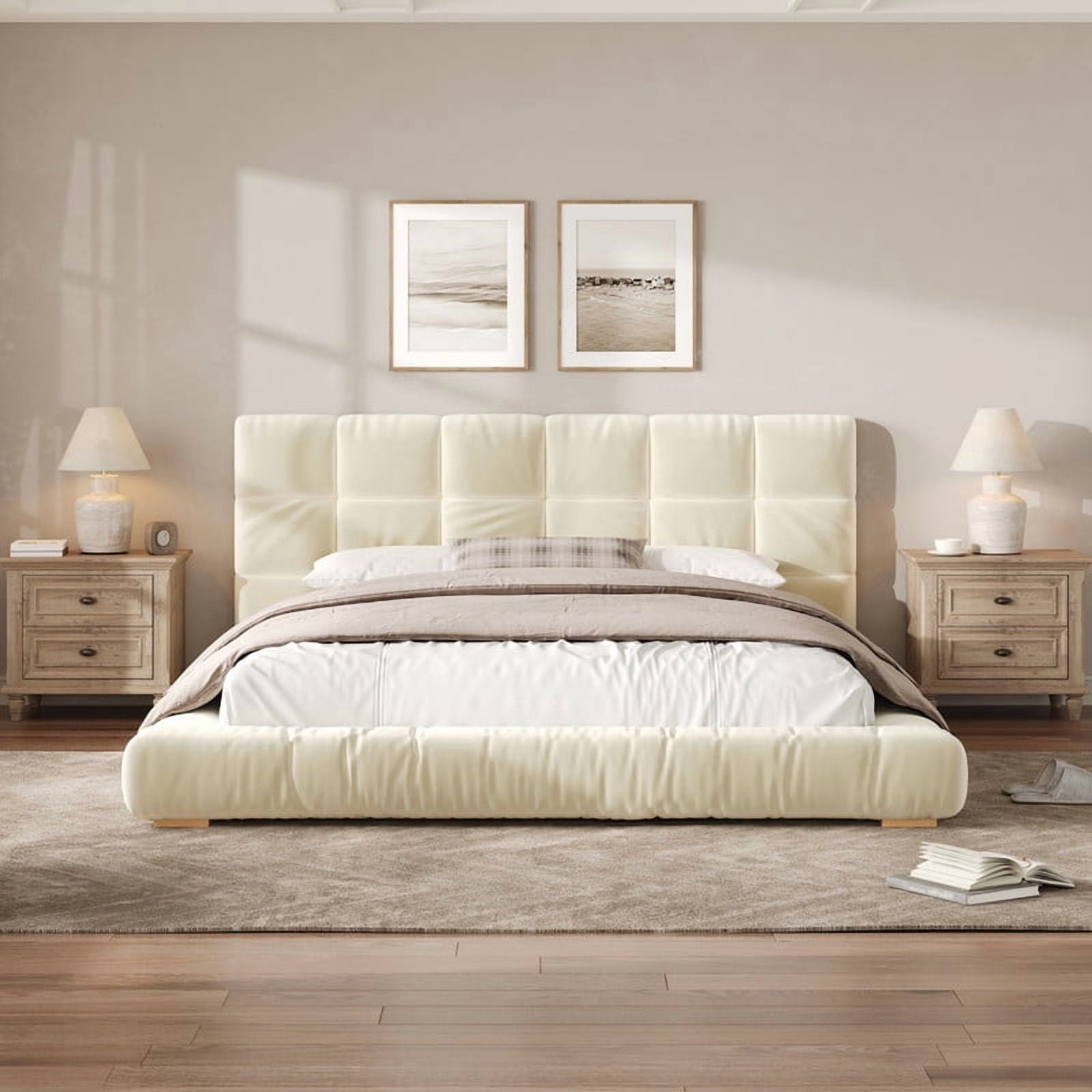 Velvet Queen/King Size Platform Bed Frame, Upholstered Floor Bed, Fully Wrapped Grounded Bed with Channel Tufted Headboard
