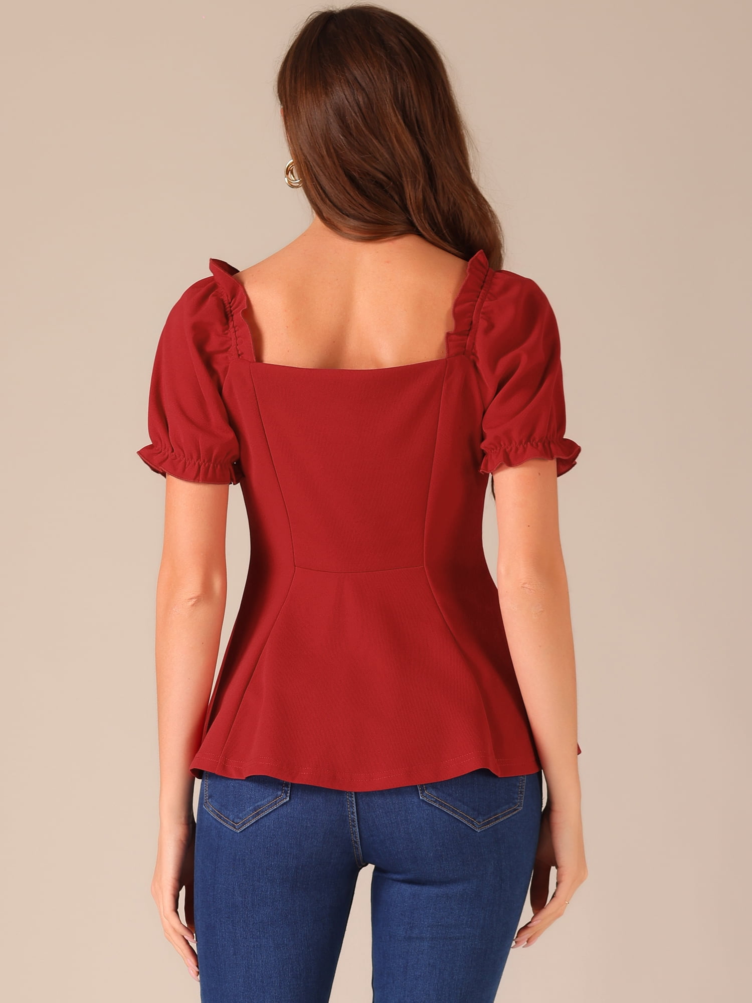 DARING DIVA Puff Sleeve Elegant Ruffle Peplum Blouse S Red