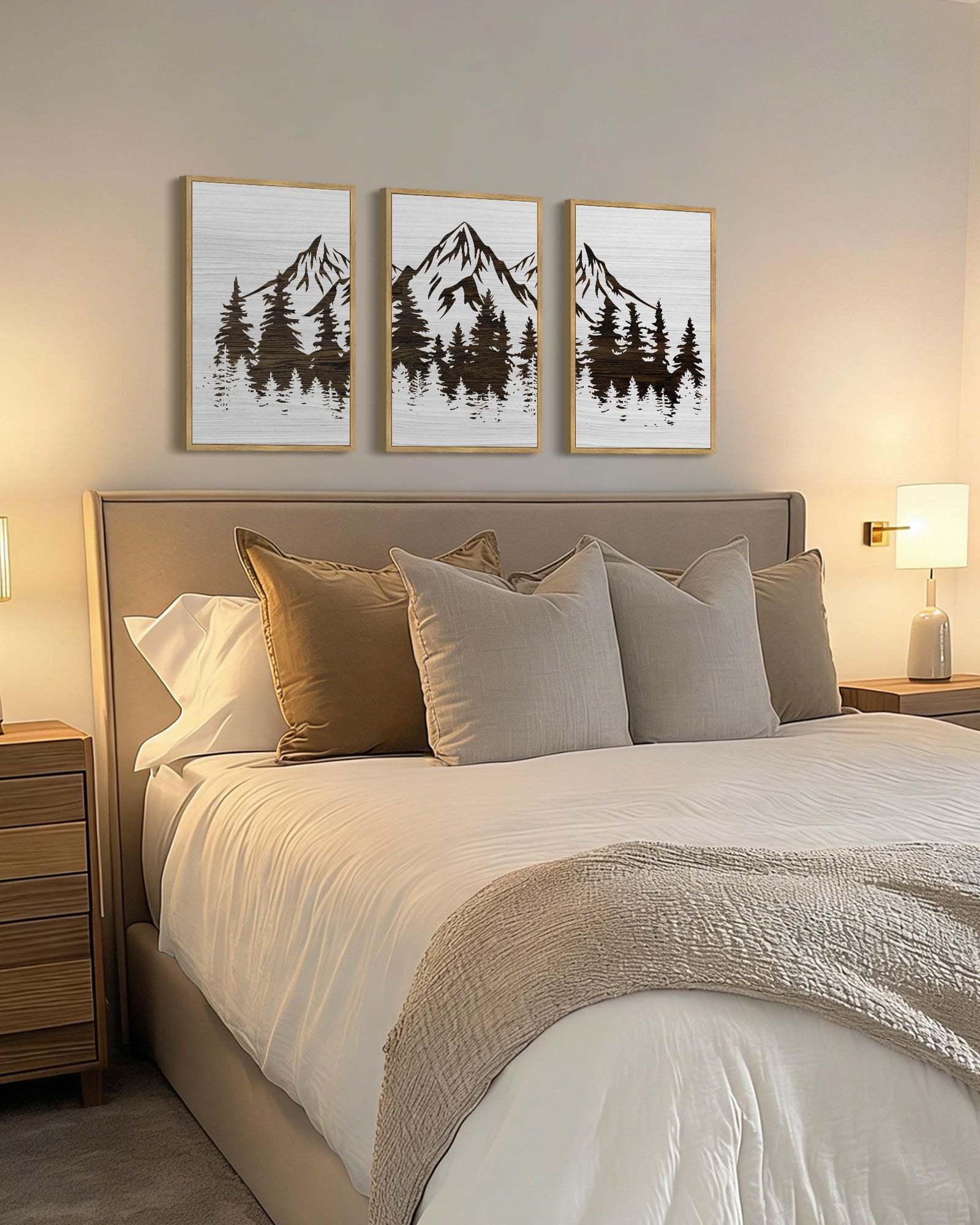 SHENIFY Mountains Tree Wall Art 16x24in3pcs Natural Framed Boho White Forest Nature Landscape Artwork Painting Morden Country Woodcut Wood Wall Decor Rustic Home Decor