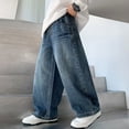 thumbnail image 5 of Spazoro Boys Denim Pants with Multi‑Pockets, Drawstring Heavyweight Wide Leg Vintage Wash Loose Fit Streetwear Baggy Trousers Blue Size 5-6, 5 of 9