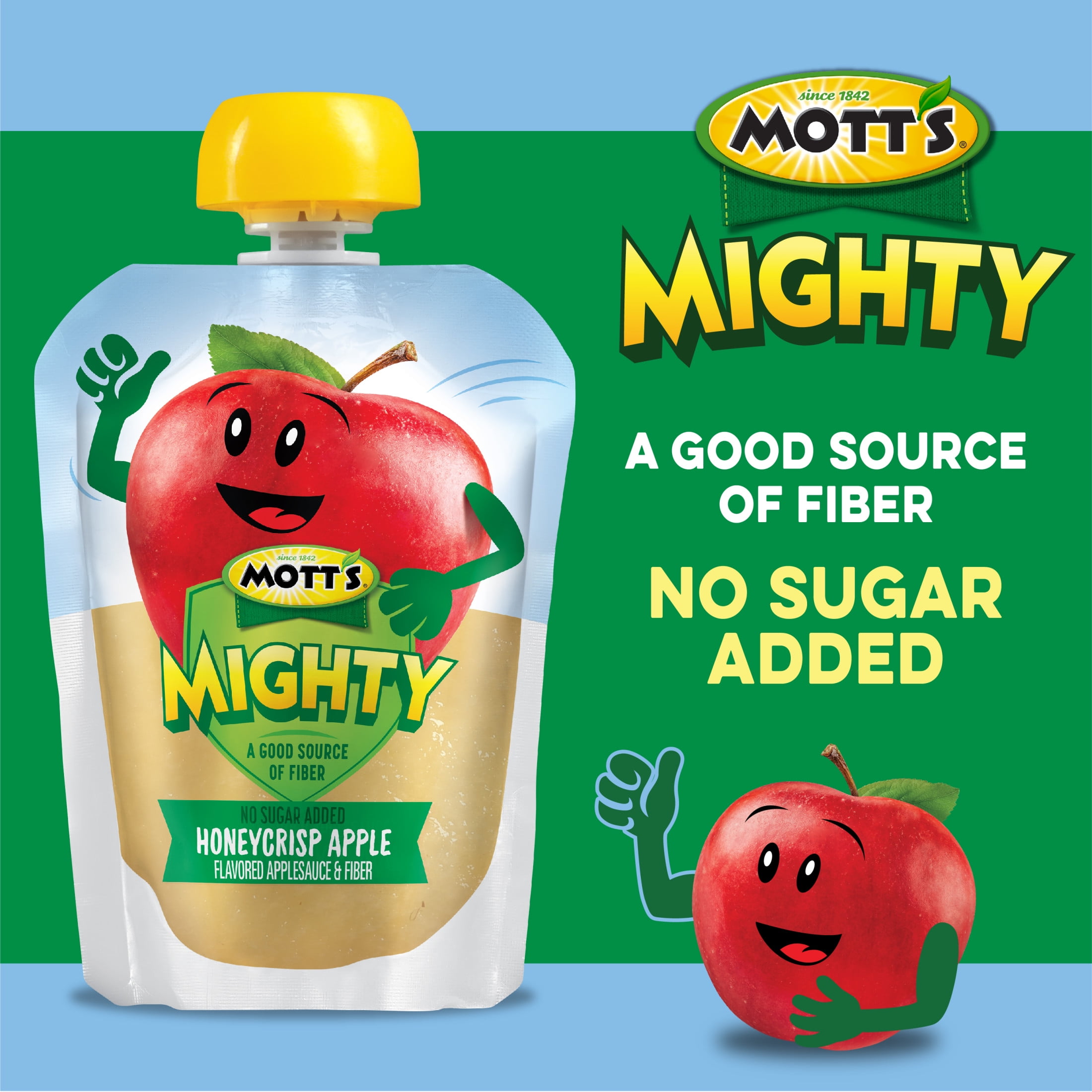 Mott's Mighty No Sugar Added Honeycrisp Applesauce, 3.2 oz, 12 Count Clear Pouches