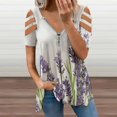 thumbnail image 2 of Lavender Flowers on White Background Womens Summer V Neck Zipper Top Short Sleeve T Shirt Off Shoulder Top Casual Classy Loose Shirts, 2 of 7