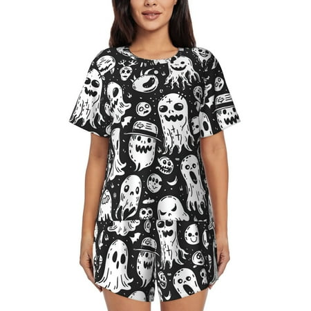 Sikiie Black White Spooky Ghosts Womens Pajama Sets Short Sleeve Top With Pants Sleepwear 2 Piece Lounge Set-4X-Large