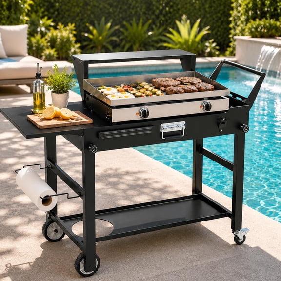 Grill Cart For 17 And 22 Inch Griddle 31.5 Inch Tall Outdoor Griddle Table With Wheels BBQ Prep Station With Side Shelf Bar Top Shelf And Lower Storage Foldable Pizza Oven Compatible