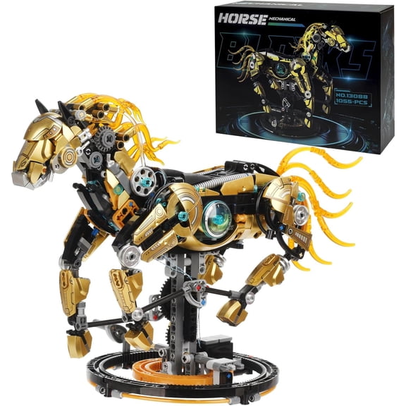 Mechanical Horse Building Blocks Linkage Kit, Animal World Model with Lighting & Display Stand, STEM Toy DIY Desktop Ornament