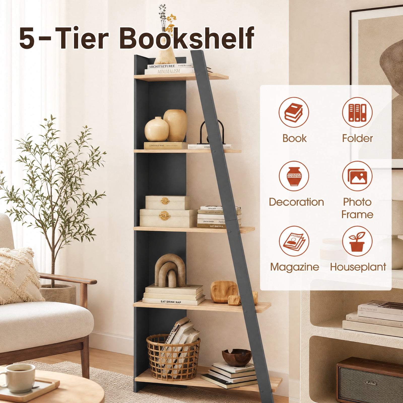 Furnibear 5-Tier Modern Bookshelf Narrow Vertical Display Shelf for Small Space for Living Room Home Office Bedroom Display Storage Shelf, Gray