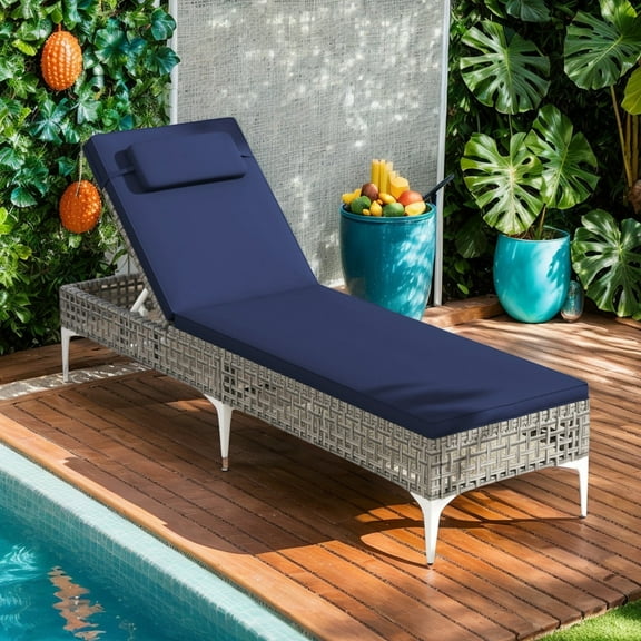 Demifill Patio Chaise Lounge Chair, Patio Chair with 6-Level Adjustable Backrest and Headrest for Outdoor as Garden, Backyard, Porch, Navy
