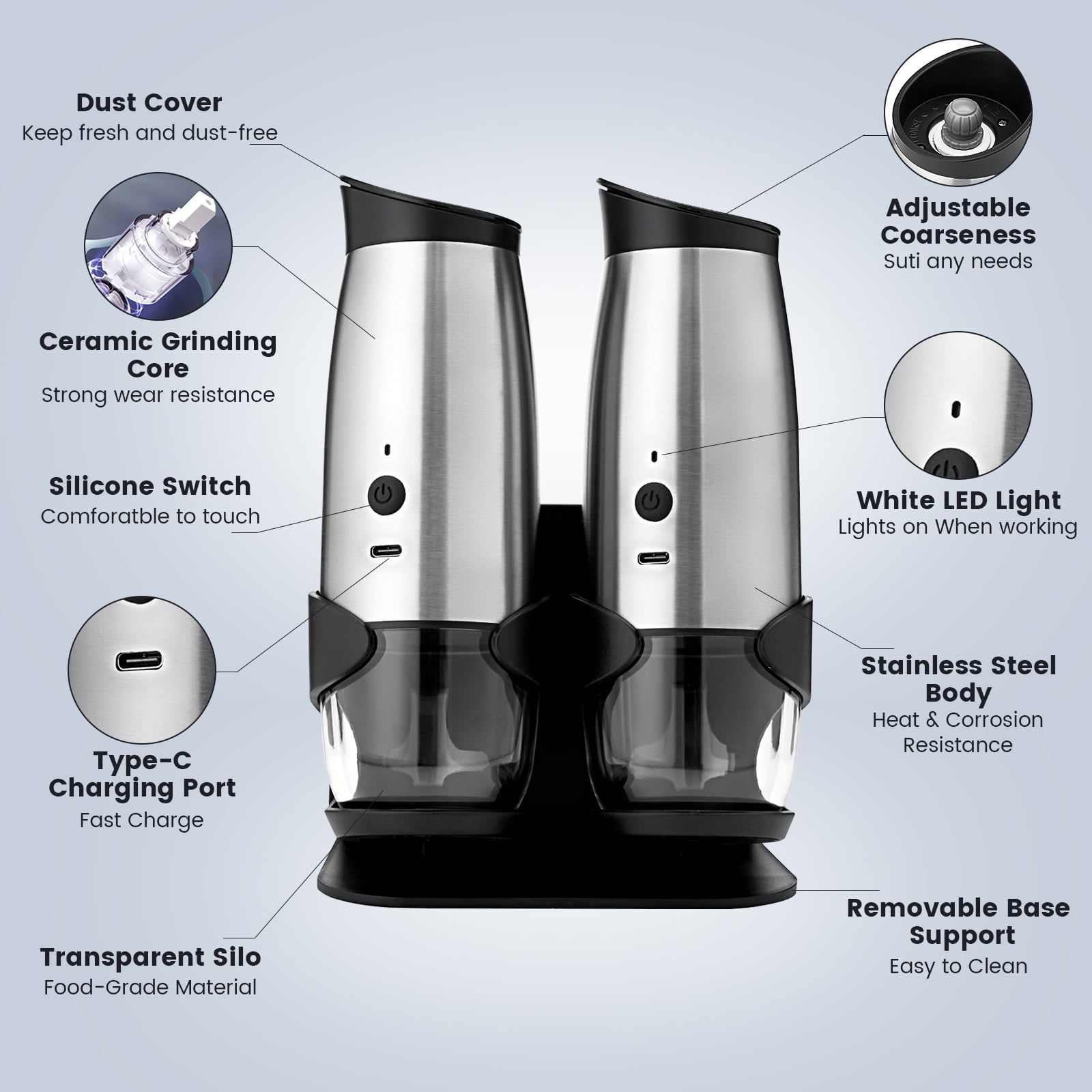 YEERSWAG Electric Salt and Pepper Grinder Set 2 Pack, Rechargeable Automatic Pepper Mill with Charging Base & LED Light, 6 Adjustable Coarseness, Stainless Steel One-Handed Operation