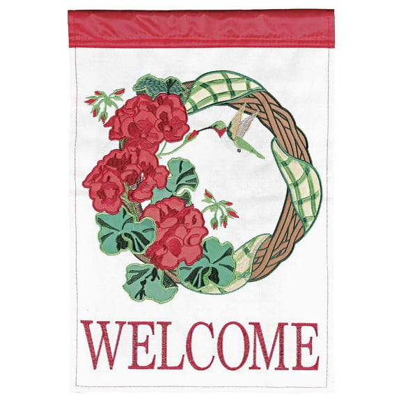 Dicksons Magnolia Garden Welcome Geranium Wreath Hummingbird Red 18 x 13 Polyester Outdoor Garden Flag