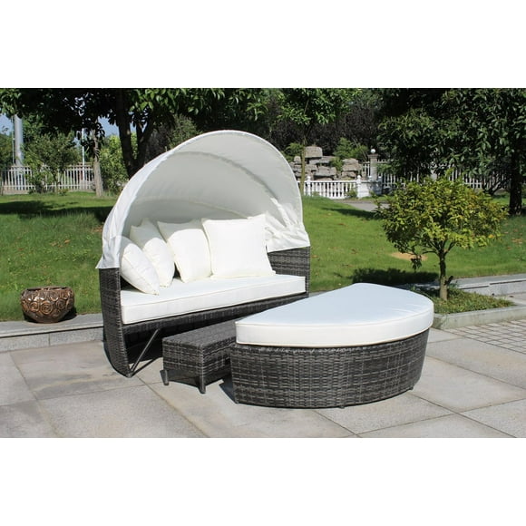 Sogno Deluxe Patio Daybed gris foncé avec auvent et pouf