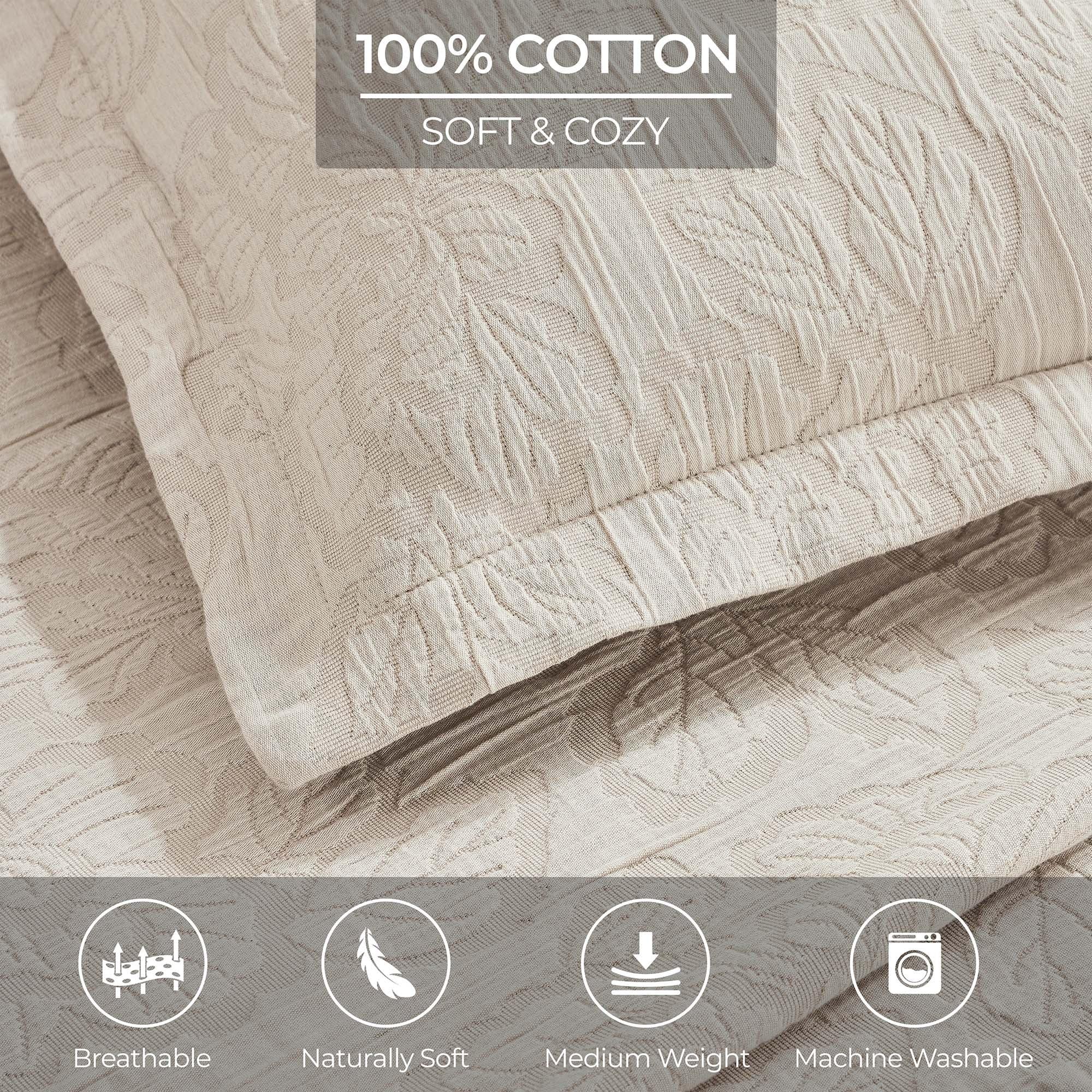 Superior Hibiscus Cotton Matelasse Bedspread and Sham Set, 3-Piece Dual Tone Modern Bedspreads, Full, Beige