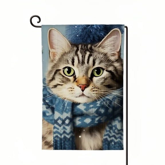 PHYHOO Hello Winter Snow Cat Garden Flag Double Sided, Seasonal Holiday Farmhouse Yard Outdoor Decorative Flag White