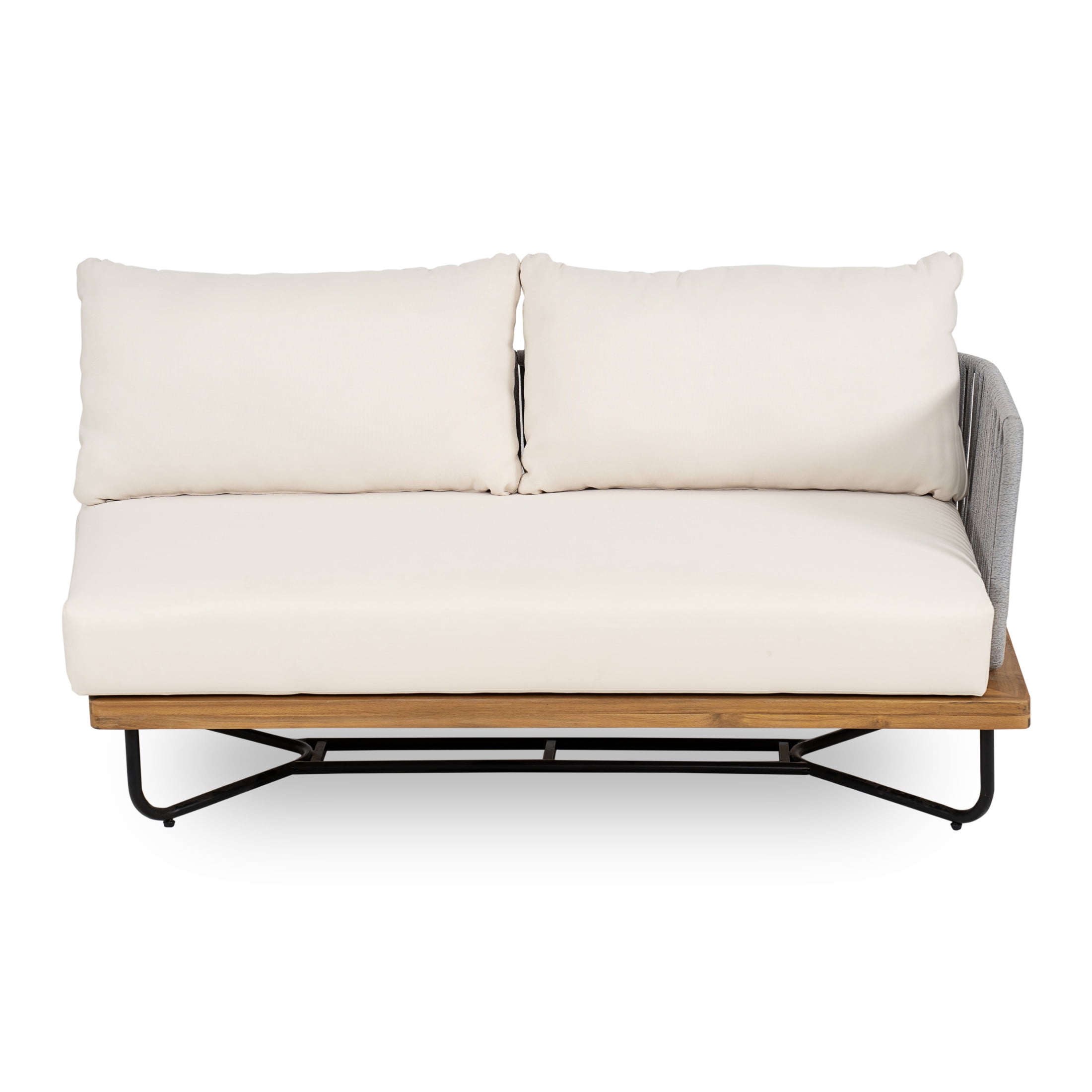 Christopher Knight Home Lucca Outdoor Right-Arm Sofa with Gray Rope Woven Side, Acacia Wood Frame & Cushions, Teak+Beige