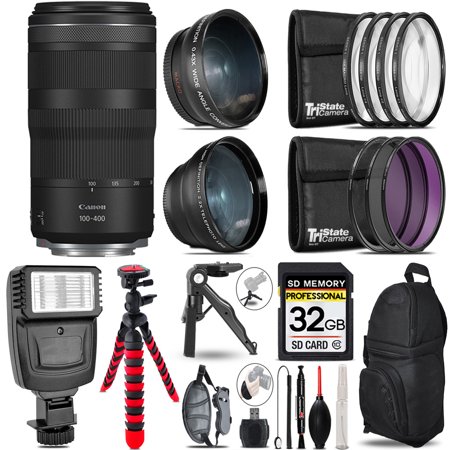 Canon RF 100-400mm f/5.6-8 IS USM Lens -3 Lens Kit + Slave Flash + Tripod - 32GB Accessory Bundle
