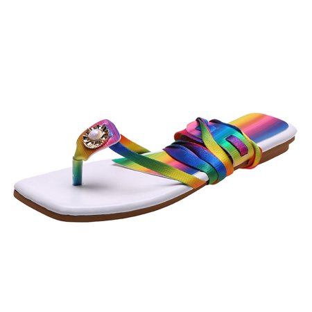 

Sandals for Women Flat Sandals Square Toe Beach Sandals Fairy Fashion Color Strap Flat Sandals Female Foreign Trade Beach Sandals White
